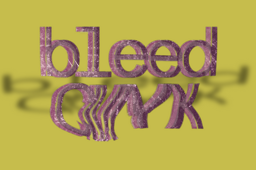Purple text 'bleed cymk' on a yellow background